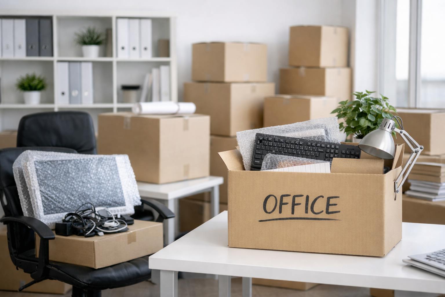 Business removals - packed office with boxes